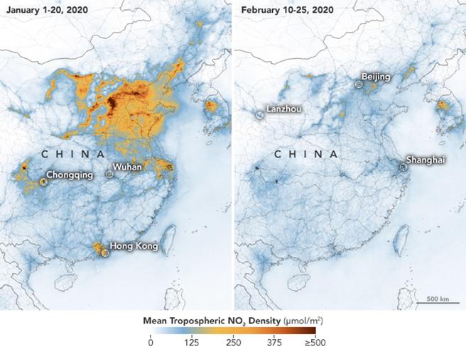 mappa dell'inquinamento in Cina prima e dopo il Coronavirus