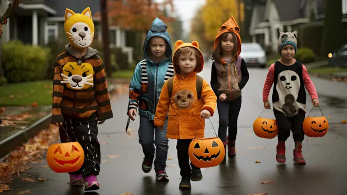 halloween, bambini vestiti per dolcetto o scherzetto